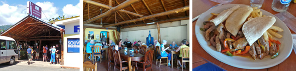 The group heads into Marino Ballena Restaurant (L). Enjoying lunch inside the open air restaurant (C) including a plate of fajitas (R).