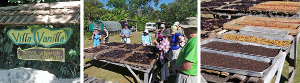 Villa Vanilla (L); vanilla beans drying on racks in the sun (C); trays of black pepper, turmeric and cacao beans drying in the sun (R).