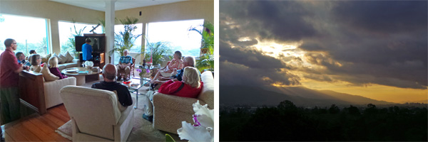 The group gathered in the living room to watch a video (L) as the sun sets behind the mountains across the valley (R).