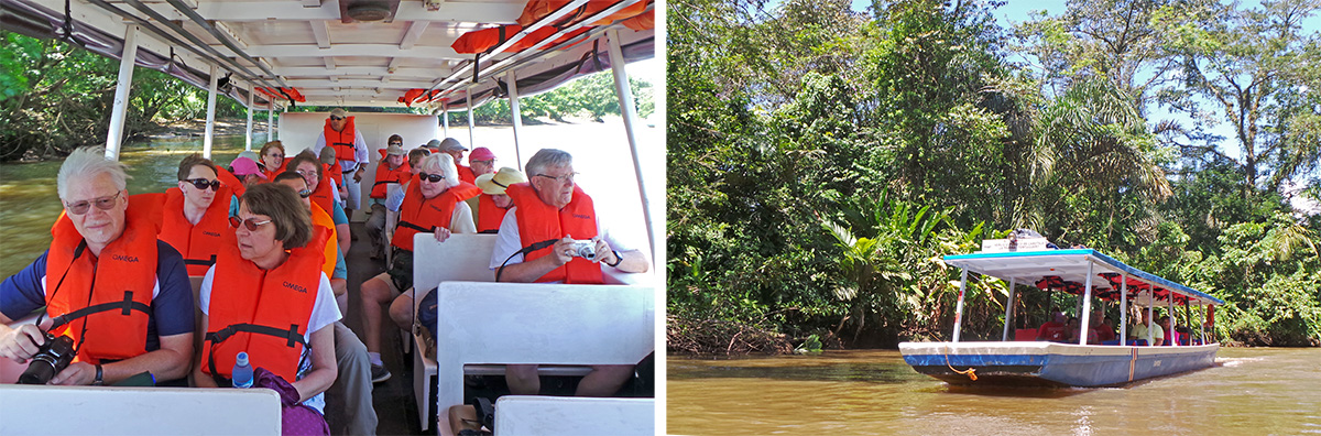 The group in the boat (L) and heading through the brown water (R).
