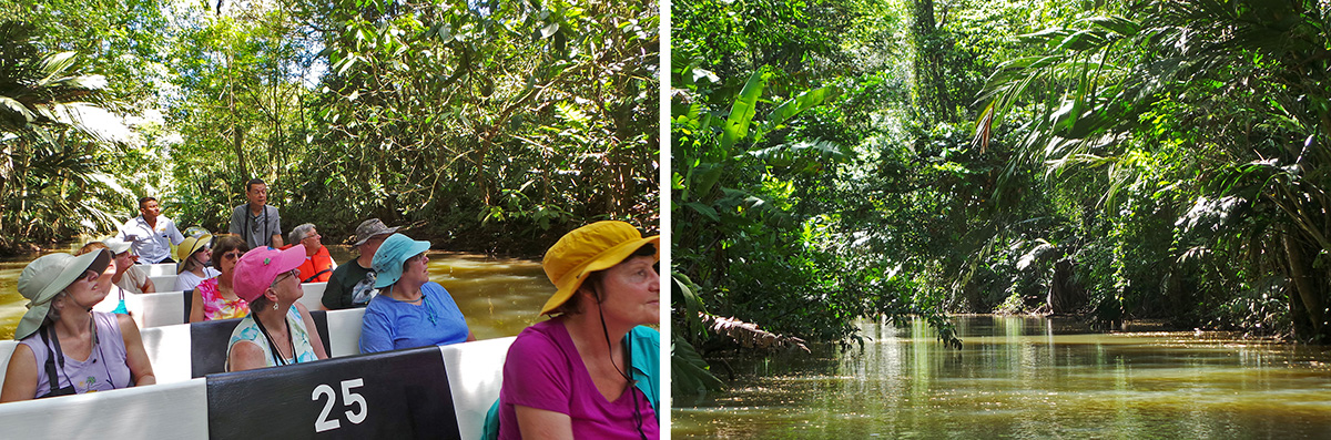 The group in the small boat (L) plying the canals of Tortuguero (R).