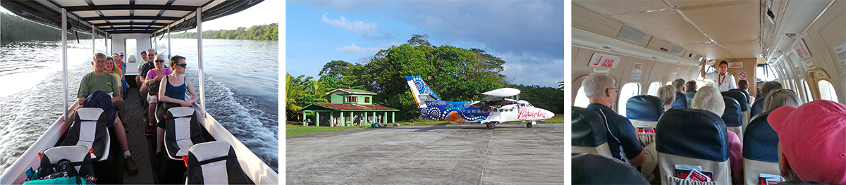 On the boat to the airport (L), the colorful plane and open-air terminal at the end of the runway (C), and getting the safety briefing onboard (R).
