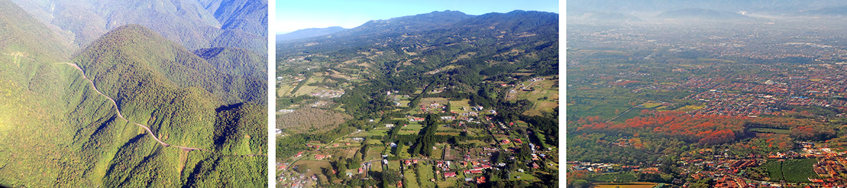 Braulio Carrillo National Park from the air (L), agriculture on the outskirts of the metropolitan area of San Jose (C), and blooming poró trees (Erythrina poepiggiana) amid the coffee plantations around the city (R).