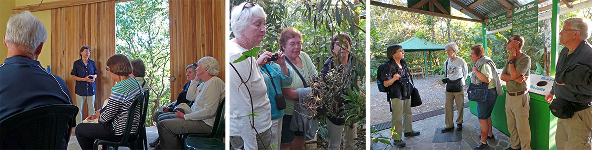 Willow answering questions after her presentation (L), Maureen, Cindy and Becky check out the plant Willow is showing them (C), and Willow tells more about the Preserve (R).
