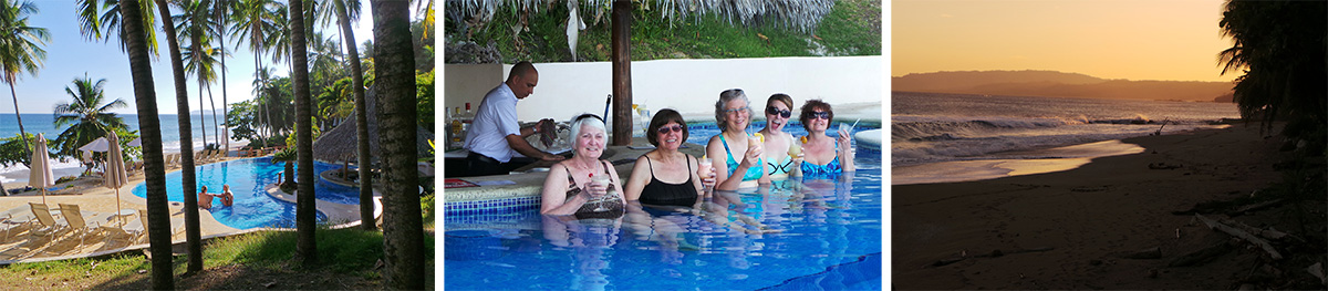 The pool at Tango Mar, with the ocean beyond (L), Maureen, Anne, Susan, Kari, and Linda cool off at the swim-up bar (C), late afternoon on the beach (R).