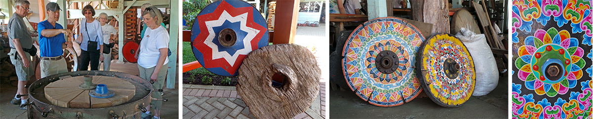 Gustavo tells the group about how wooden oxcart wheels are made (L), historic wagon wheels (LC), historic painted wagon wheels (RC), modern decorations on wooden wheel (R).