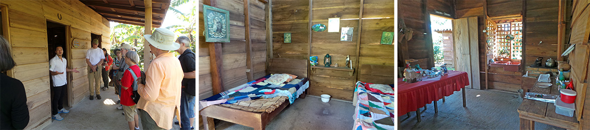 The front of the typical two-room Costa Rican house (L), inside the bedroom (C) and inside the kitchen (R).