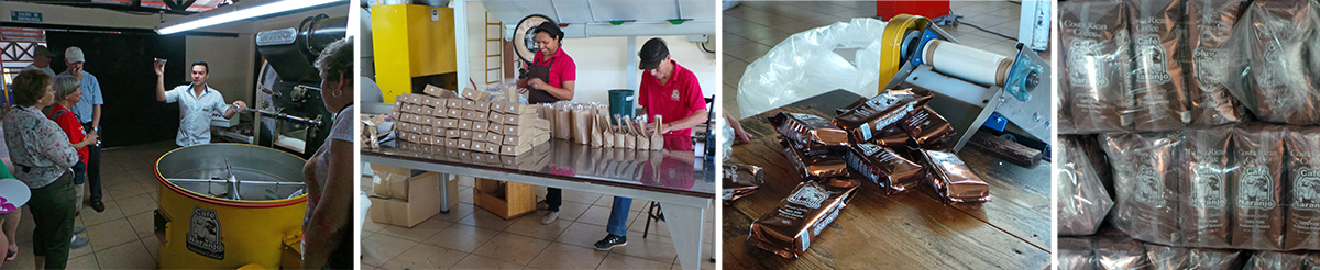 Ronnie discusses how the beans are roasted (L), workers packaging special coffee (LC), packages of coffee coming of conveyor belt from packaging machine (RC) and pallet of coffee ready for shipment (R).