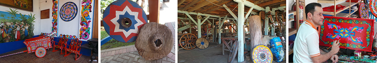 Oxcart and decorated walls (L), historic oxcart wheels on display (LC), woodshop (C), a painter at work (R).